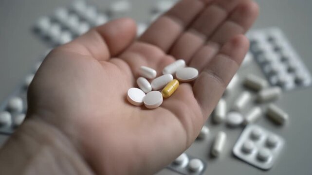 Person's hand holding a variety of pills and capsules, with blister packs of medication scattered in the background