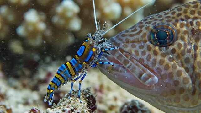 Cleaner Shrimp Interacting with Fish Underwater