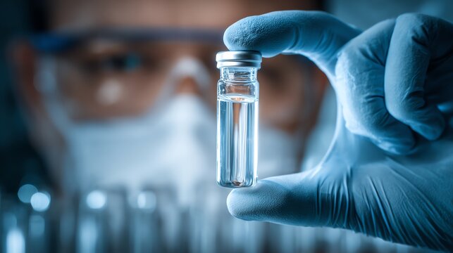 A focused scientist in a lab examines a vial of clear liquid, showcasing precision and attention essential for research
