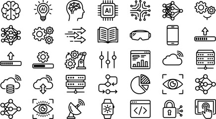 Fototapeta premium Cognitive Device Icons. Outline icon set of cognitive enhancement devices: brain, light bulb, electrode 