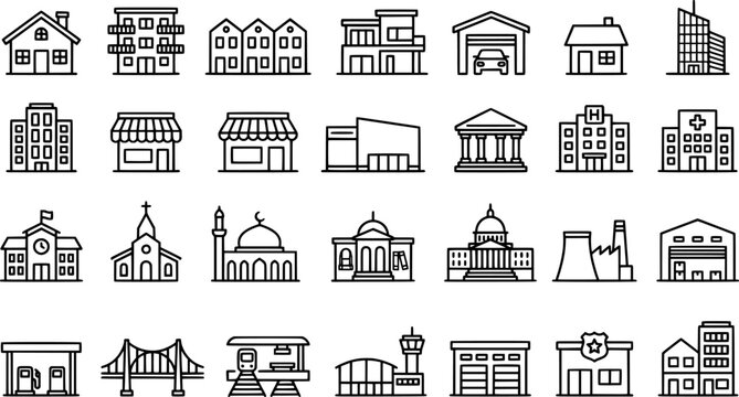 Set of 28 minimalist building icons including houses, factories, churches, bridges, skyscrapers
