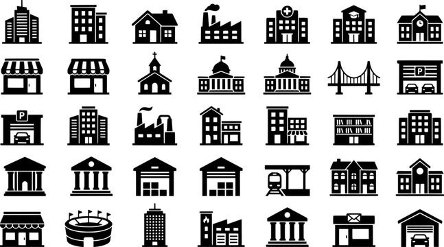 Set of 35 minimalist building icons including houses, factories, churches, bridges, skyscrapers
