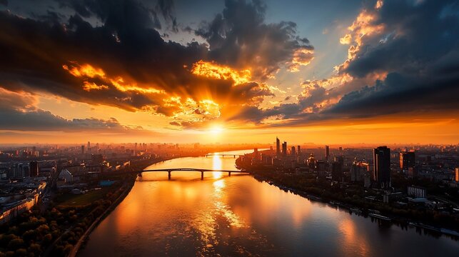Dramatic Sunset Over Cityscape with River Reflection and Cloudscape Radiance.