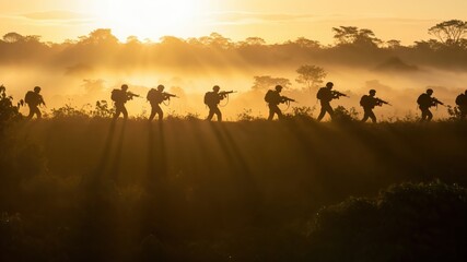 Fototapeta premium Military Special Forces Unit on Jungle Patrol at Sunrise, Tactical Squad Silhouette in Tropical Fog