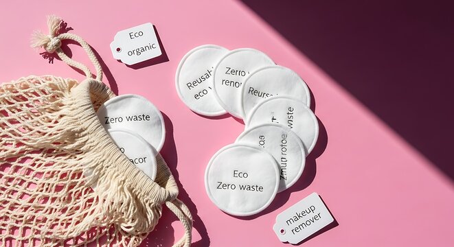 Eco-Friendly Reusable Cotton Pads with a Sustainable Shopping Bag on Pink Background.