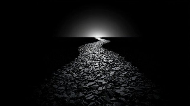 topdown. A narrow winding path of dark stones leading towards a distant light. travel magazines, destination branding, wall prints, designed for travel destination branding, used by food bloggers.