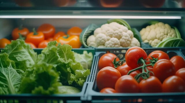 Freshly Displayed Assortment of Vibrant Vegetables and Leafy Greens in a Grocery Store Refrigerator