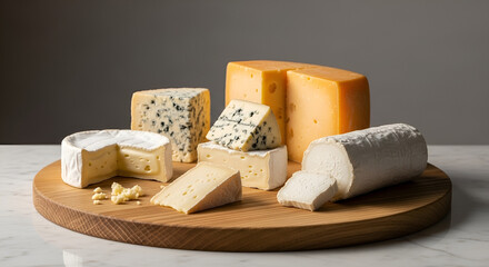 Fototapeta premium Assortment of Artisanal Cheeses on Wooden Board.