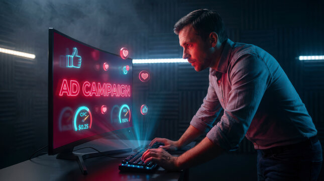 Focused man examining digital ad campaign statistics on a large screen with glowing neon effects and performance indicators like cpc and roas.