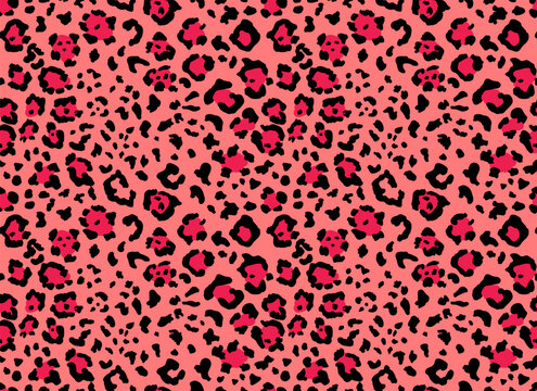 Seamless leopard fur pattern. Fashionable wild leopard print background. Modern panther animal fabric textile print design. Stylish vector light pink coral red black  illustration