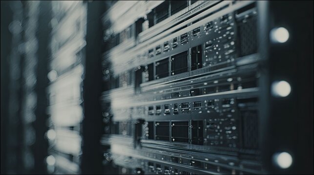 Server racks in a modern data center, rows of high density hardware and cabling powering cloud computing, networking, storage and big data infrastructure for enterprise systems