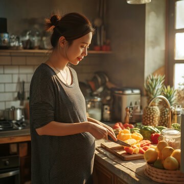A pregnant woman is preparing healthy food by chopping vegetables in a bright kitchen