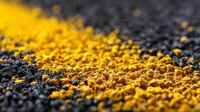 Granular polyurethane particles in yellow and black. Industrial coating and material concept.