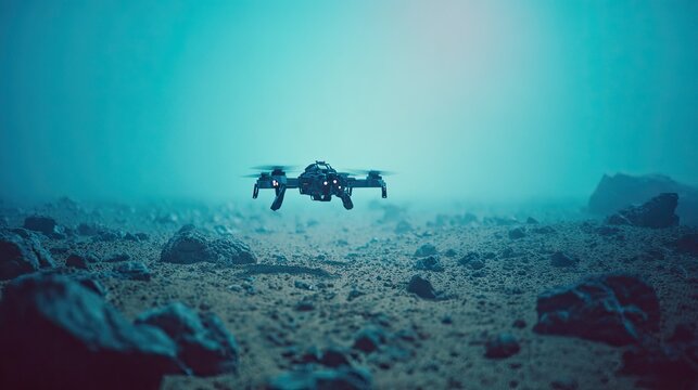 Autonomous drone exploring a mysterious, rocky planet surface with a misty, ethereal atmosphere, representing space exploration and advanced technology discovery