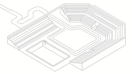 Isometric line drawing of stepped stadium seating architectural plan. © Away