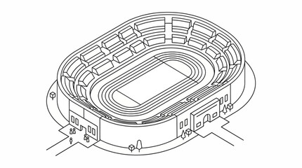 Architectural line drawing of oval sports stadium top view with seating tiers and access points. © Santy
