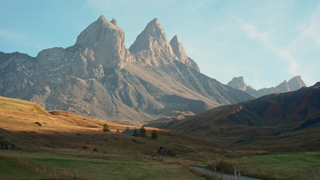 Scenic landscape of iconic mountain of Aiguilles d arves massif in autumn at French Alps