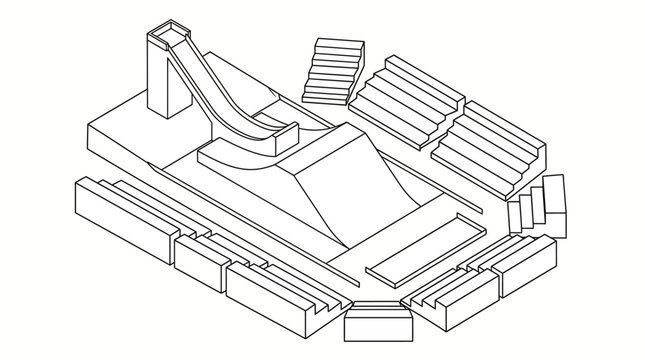 Isometric line drawing of urban skatepark ramp and obstacles.