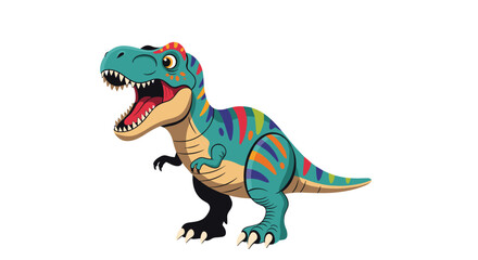 Fototapeta premium Vibrant cartoon illustration of a tyrannosaurus rex dinosaur with colorful stripes and its mouth wide open in a playful roar.