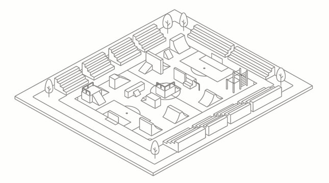 Isometric blueprint of a small residential village layout.