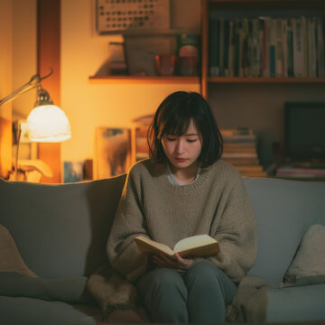 A serene young woman enjoys a quiet evening indoors, relaxing on a comfortable sofa and deeply focused on reading her book under the soft, warm lamplight in a cozy home environment