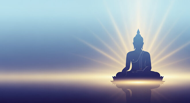 Poson Poya, gradient banner with Buddha silhouette and soft light rays
