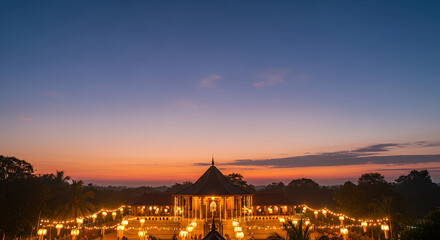 Obraz premium Poson Poya, soft gradient background, temple with lanterns and lights
