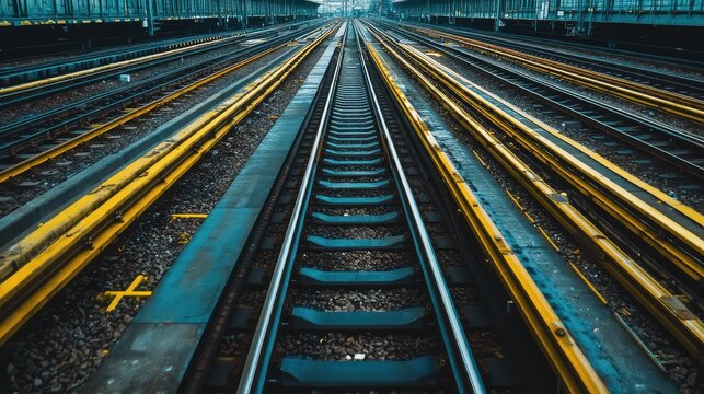 Multiple railway tracks converging in the distance at a large urban transit hub, showcasing complex infrastructure for modern transportation and travel