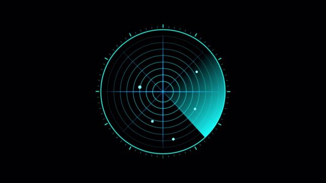 Futuristic blue radar screen animation with glowing sweep effect, alpha channel, seamless loop, 4k resolution.