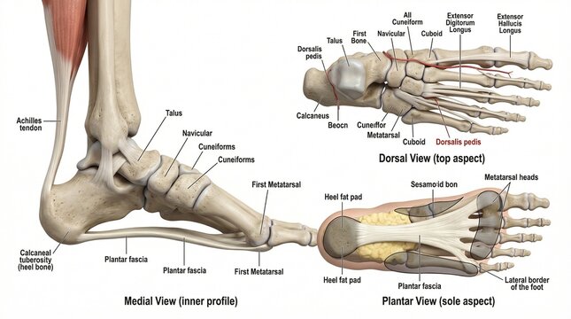 Detailed Human Foot Anatomy Diagram Displaying Medial Dorsal And Plantar Views With Labels For Podiatry Education