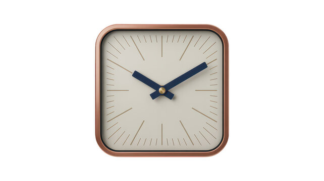 A minimalist square wall clock with a copper border, cream dial, and dark blue hands on white isolated on a transparent background