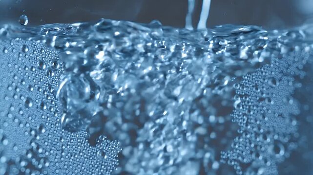 Water Pouring into a Glass with Condensation and Rising Bubbles