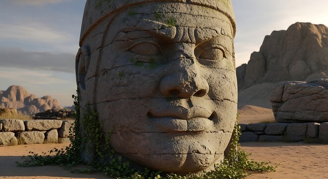 Ancient Stone Head Sculpture in Desert Landscape with Dramatic Lighting.