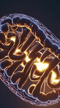 Glowing mitochondrion with active cristae, closeup biological animation of inner membrane folding, golden energy flux, atp production visualization, bioenergetics focus for research and education