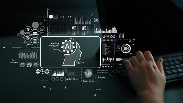 Futuristic Concept of Artificial Intelligence with Data Visualization and User Interaction on a Computer Interface. Asymptotic smart data analytic.