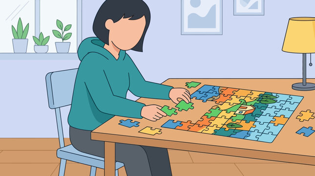 Young girl concentrating on assembling a colorful jigsaw puzzle at a wooden table in a cozy room with plants