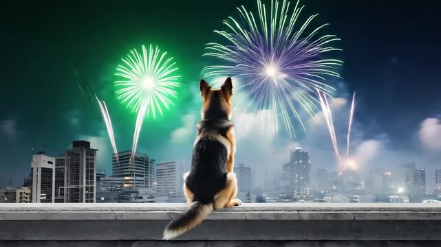 Three german shepherd dogs sit on a rooftop ledge. They watch vibrant fireworks exploding over a modern city skyline at night. This panoramic view captures a festive celebration