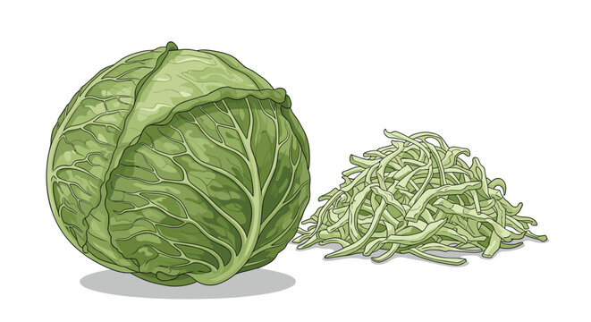Large whole green cabbage is paired with a mound of thinly shredded pieces to illustrate fresh produce preparation on a plain white surface.