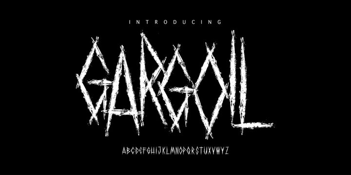 Gargoil Font is A heavy horror scratch font. Aggressive carved display with sharp claw textures for metal and dark branding.