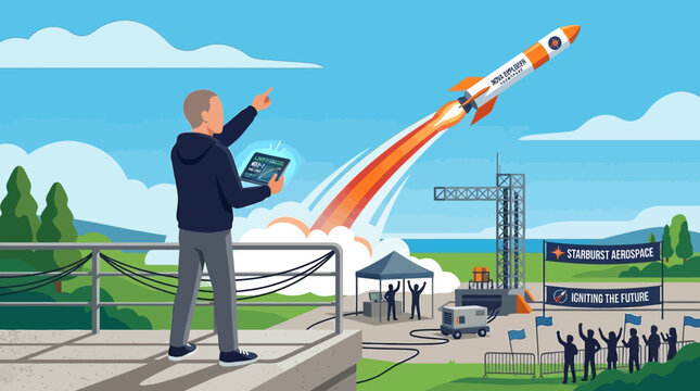 Man launching a rocket into space with a tablet in hand celebrating a successful startup