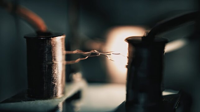 Electric spark jumping across a gap between two induction coils, generating energy during a scientific experiment involving conductivity and electrical current