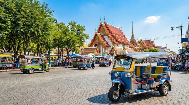 A lively Bangkok street scene with colorful tuk-tuks in motion, a grand Thai temple in the background, and bustling food stalls under bright skies.