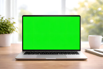 Fototapeta premium Laptop with Green Screen on Wooden Desk, Chroma Key Mockup Workspace
