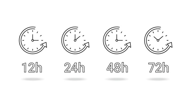Clock Icons Representing Time Intervals - 12, 24, 48, and 72 Hours.