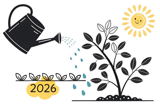 Illustrative metaphor of a watering can providing essential nourishment to delicate new sprouts marked with the year 2026, symbolizing careful business development, long-term financial investment stra