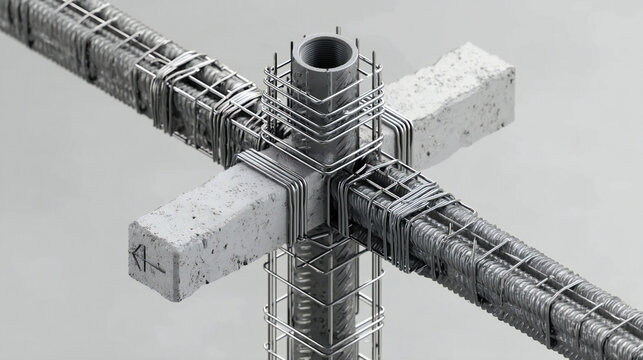 Cross-shaped steel reinforcement joint embedded in concrete, representing structural framework and engineering precision in construction.