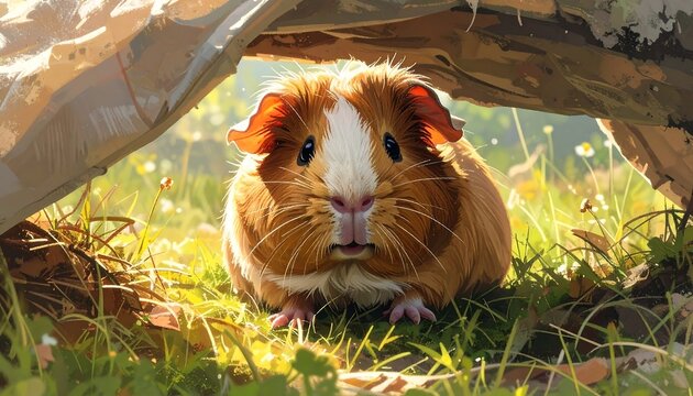 A charming guinea pig with brown and white fur gazes at the viewer. It is nestled under a shelter surrounded by grass and wildflowers