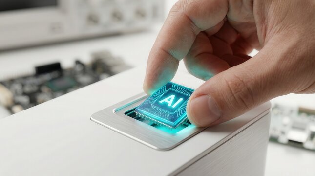 AI hardware integration concept, engineer hand inserting processor into device. Artificial intelligence technology and semiconductor manufacturing for high performance computing.