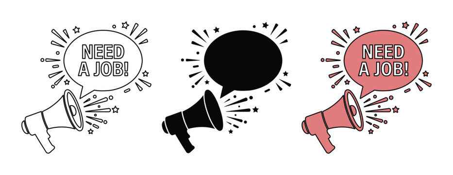 Hiring megaphone icons with Need a Job text, recruitment loudspeaker vector set, career opportunity announcement graphics for job seekers