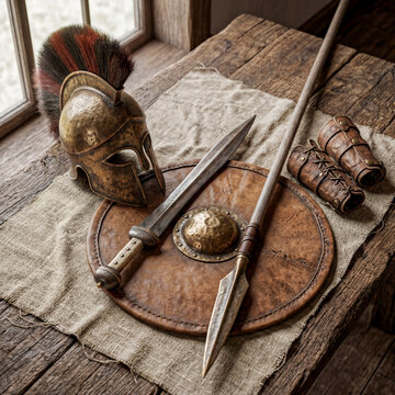 Cinematic still life of ancient warrior equipment featuring a crested bronze helmet, sword, spear, round shield, and leather bracers resting on a rustic wooden table by a window.